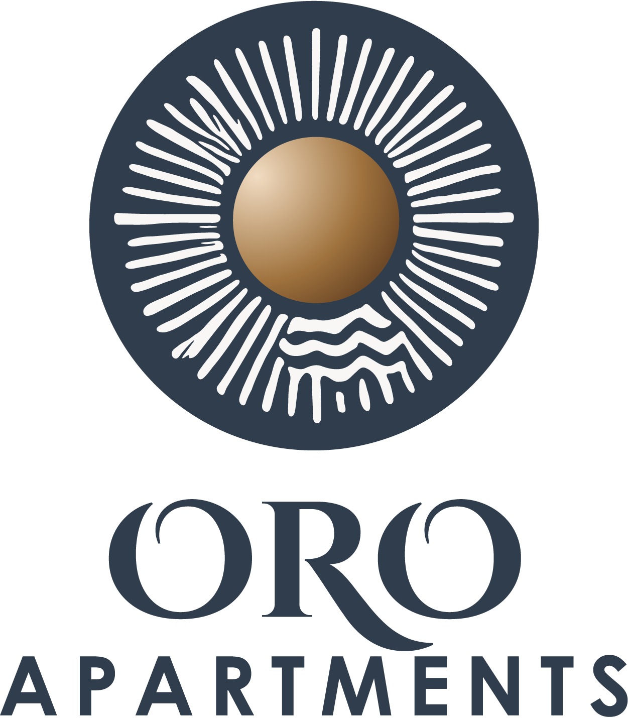 The image is a logo for Oro Apartments, featuring a sun with rays and waves.